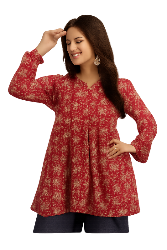 Women Floral Print Viscose Rayon Flared Kurta  (Red)