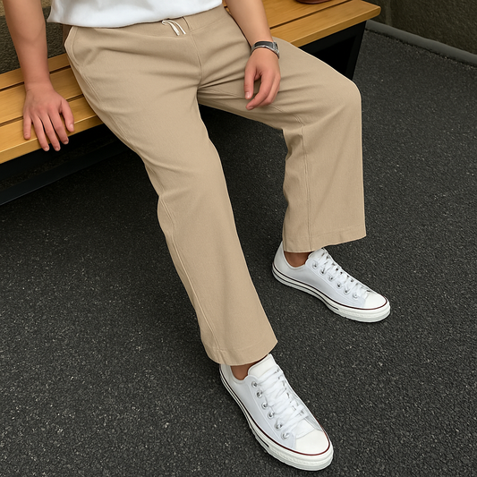Men Loose Fit Beige Corduroy Trousers